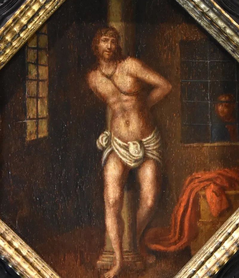 New Pamono Lombard School Artist, Christ on the Column, 1580, Oil on Board, Framed