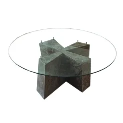 Outlet Pamono London Coffee Table in Brazilian Oxide Slate with Metal Details and Glass Top by Joaquín Moll for Creaciones Moll