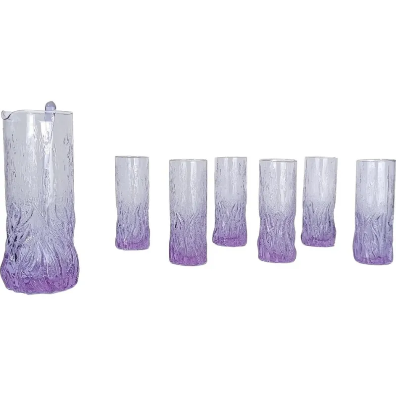 Pamono Long Drink Tumbler Glasses & Jug Set in Pale Lilac Bark Glass in the style of Whitefriars & Geoffrey Baxter, 1960s, Set of 7> Glassware
