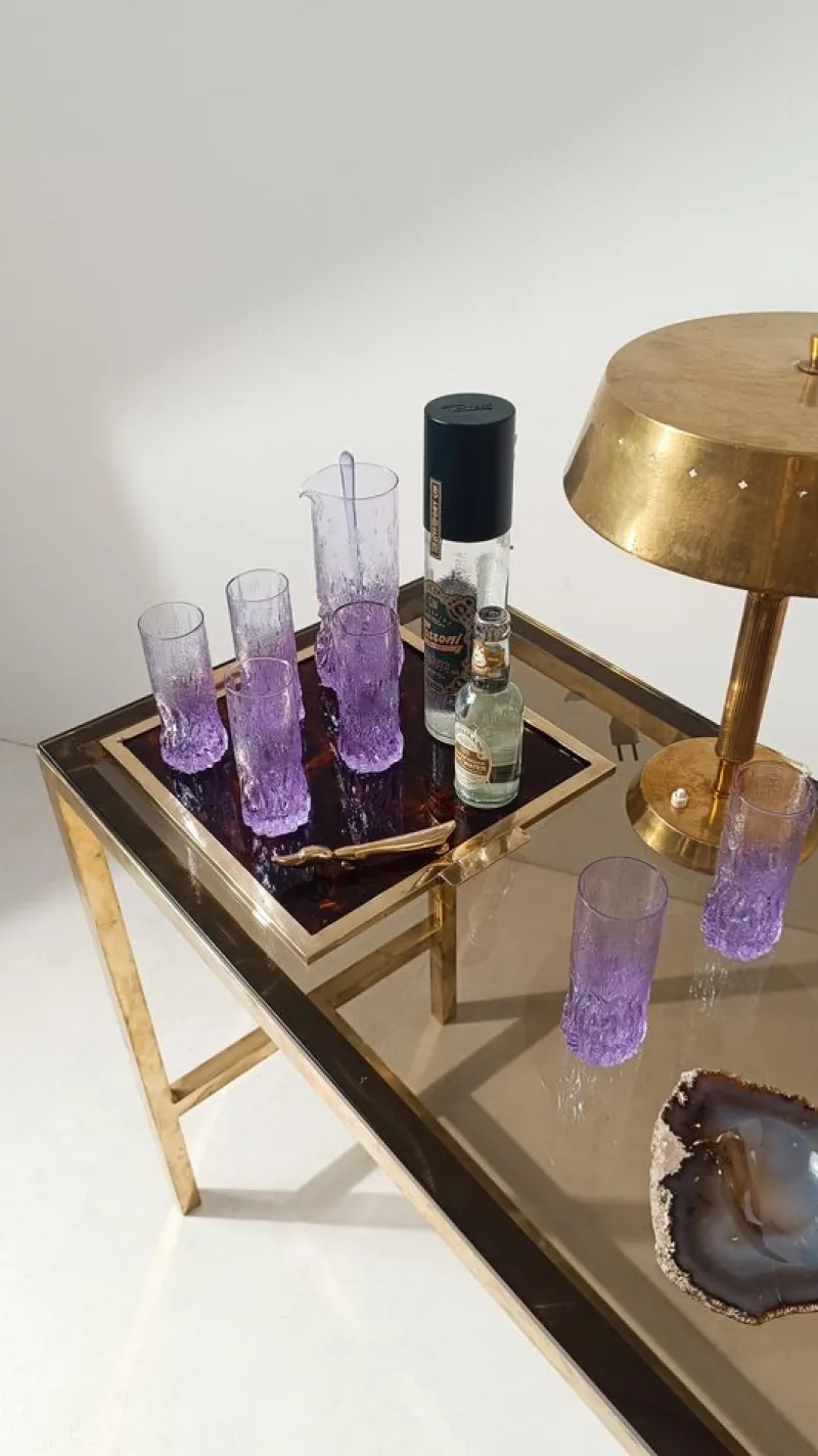 Pamono Long Drink Tumbler Glasses & Jug Set in Pale Lilac Bark Glass in the style of Whitefriars & Geoffrey Baxter, 1960s, Set of 7> Glassware