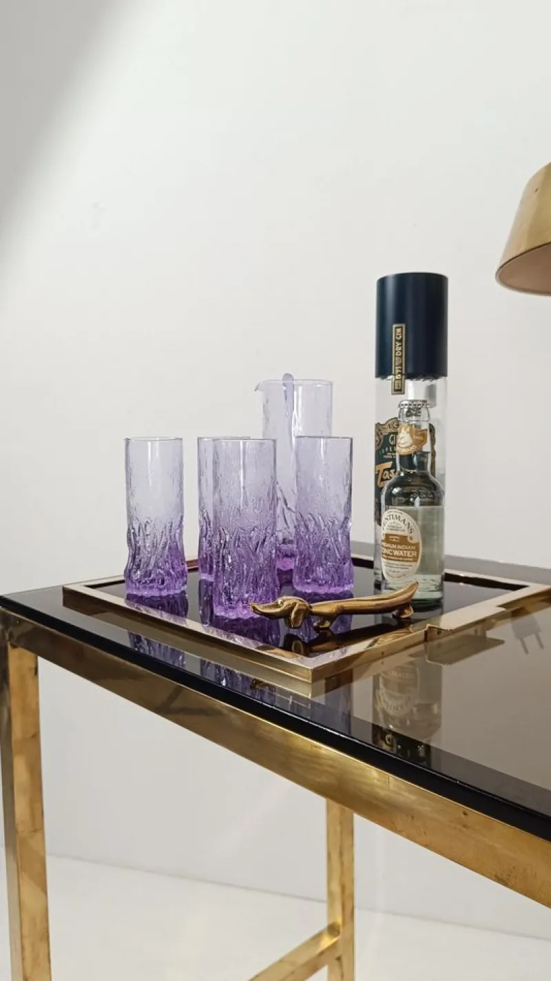Pamono Long Drink Tumbler Glasses & Jug Set in Pale Lilac Bark Glass in the style of Whitefriars & Geoffrey Baxter, 1960s, Set of 7> Glassware