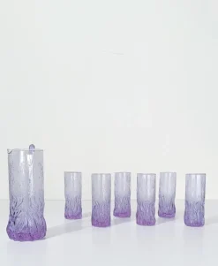Pamono Long Drink Tumbler Glasses & Jug Set in Pale Lilac Bark Glass in the style of Whitefriars & Geoffrey Baxter, 1960s, Set of 7><noscript><img width=