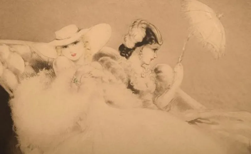 Pamono Louis Icart, Etching on Paper, Two Young Women, 1920s> Art Deco