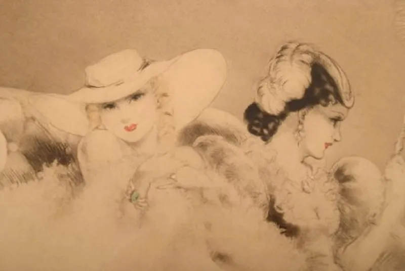 Pamono Louis Icart, Etching on Paper, Two Young Women, 1920s> Art Deco