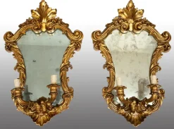Pamono Louis XV Style Mirrors in Gilded and Carved Wood, Venice, 19th Century, Set of 2> Wall Lights & Sconces