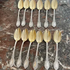 New Pamono Louis XV Style Mocha Spoons in Silver and Vermeil, France, 19th Century, Set of 12