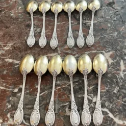 New Pamono Louis XV Style Mocha Spoons in Silver and Vermeil, France, 19th Century, Set of 12