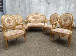Pamono Louis XVI Gilded Wood Medallion Lounge Set, 1890s, Set of 5> Living Room Sets