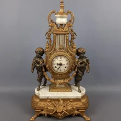 Pamono Louis XVI Style Bronze and Marble Mantel Clock with Cherubs, 1940s> Clocks