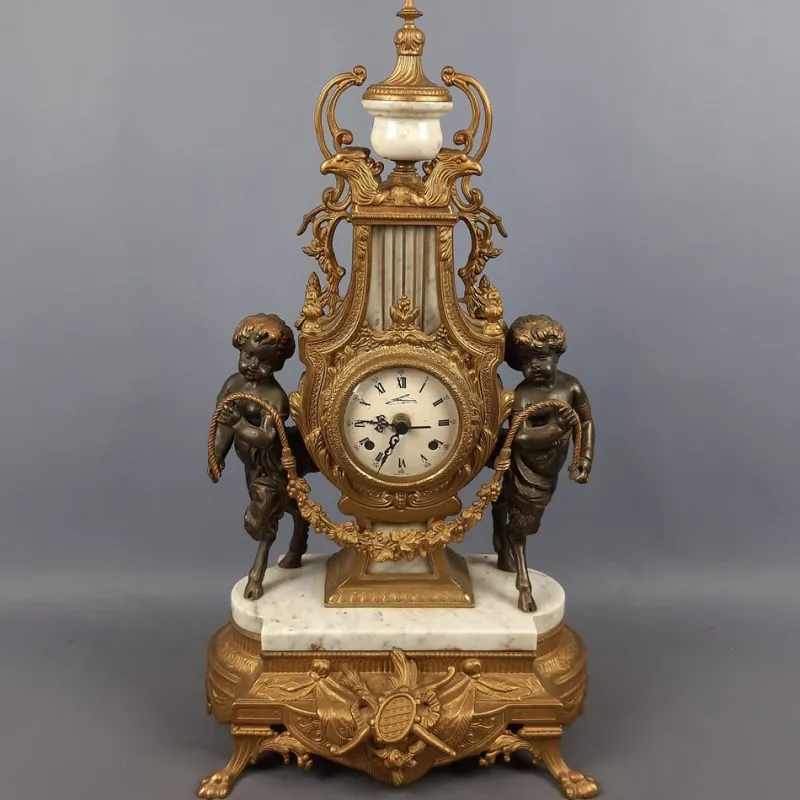 Pamono Louis XVI Style Bronze and Marble Mantel Clock with Cherubs, 1940s> Clocks