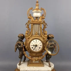 Pamono Louis XVI Style Bronze and Marble Mantel Clock with Cherubs, 1940s><noscript><img width=