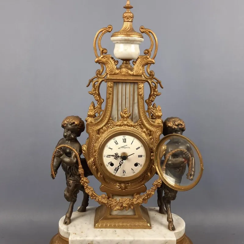 Pamono Louis XVI Style Bronze and Marble Mantel Clock with Cherubs, 1940s> Clocks