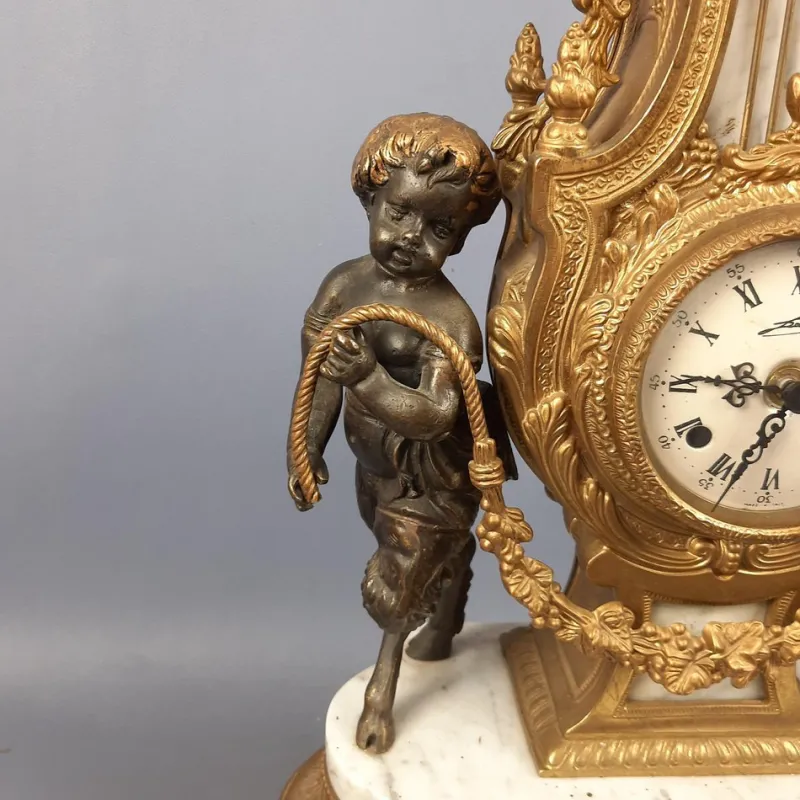 Pamono Louis XVI Style Bronze and Marble Mantel Clock with Cherubs, 1940s> Clocks