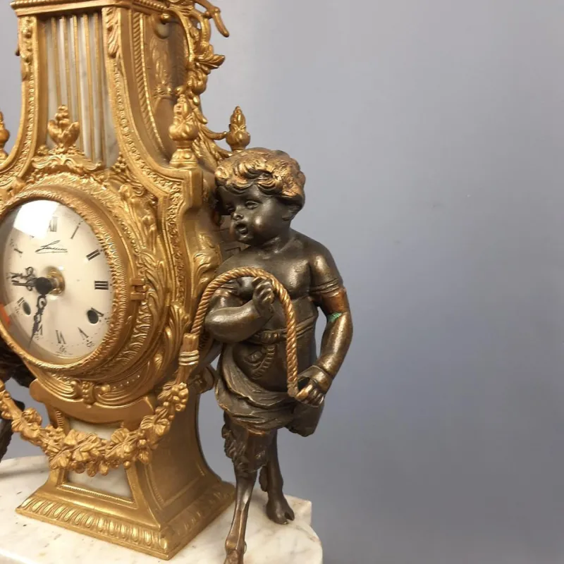 Pamono Louis XVI Style Bronze and Marble Mantel Clock with Cherubs, 1940s> Clocks