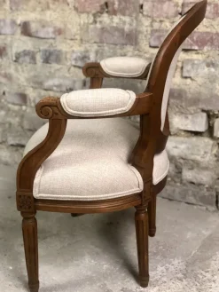 Pamono Louis XVI Style Carved Walnut Armchair with Beige Upholstery><noscript><img width=