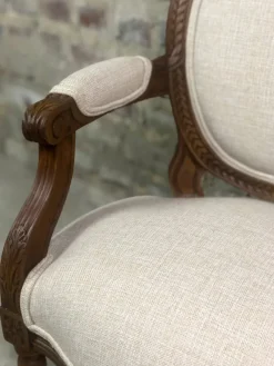 Pamono Louis XVI Style Carved Walnut Armchair with Beige Upholstery><noscript><img width=