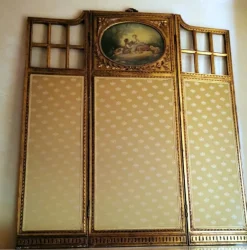 Pamono Louis XVI Style French Screen in Gilded Wood with Oil Painting and Ground Glass><noscript><img width=