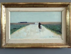 Pamono Low Horizon Street Scenes, 1950s, Paint & Lacquer & Linen, Framed> Minimalist