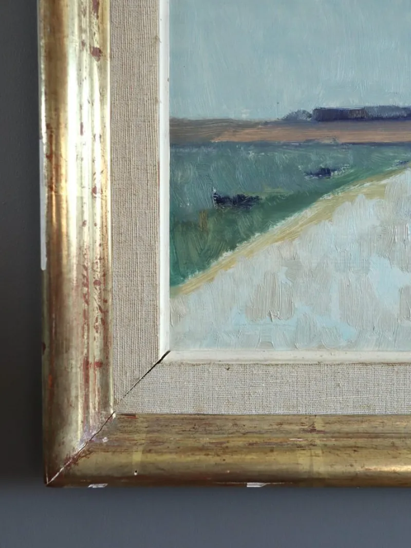 Pamono Low Horizon Street Scenes, 1950s, Paint & Lacquer & Linen, Framed> Minimalist