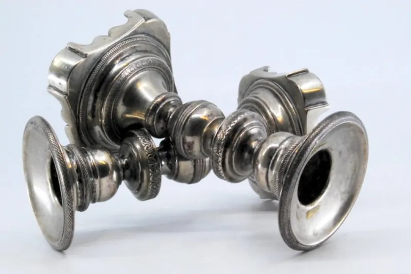 Pamono Low Silver Candlesticks with Turned Stems and Friezes on the Cut-Out Bases, Set of 2> Candleholders