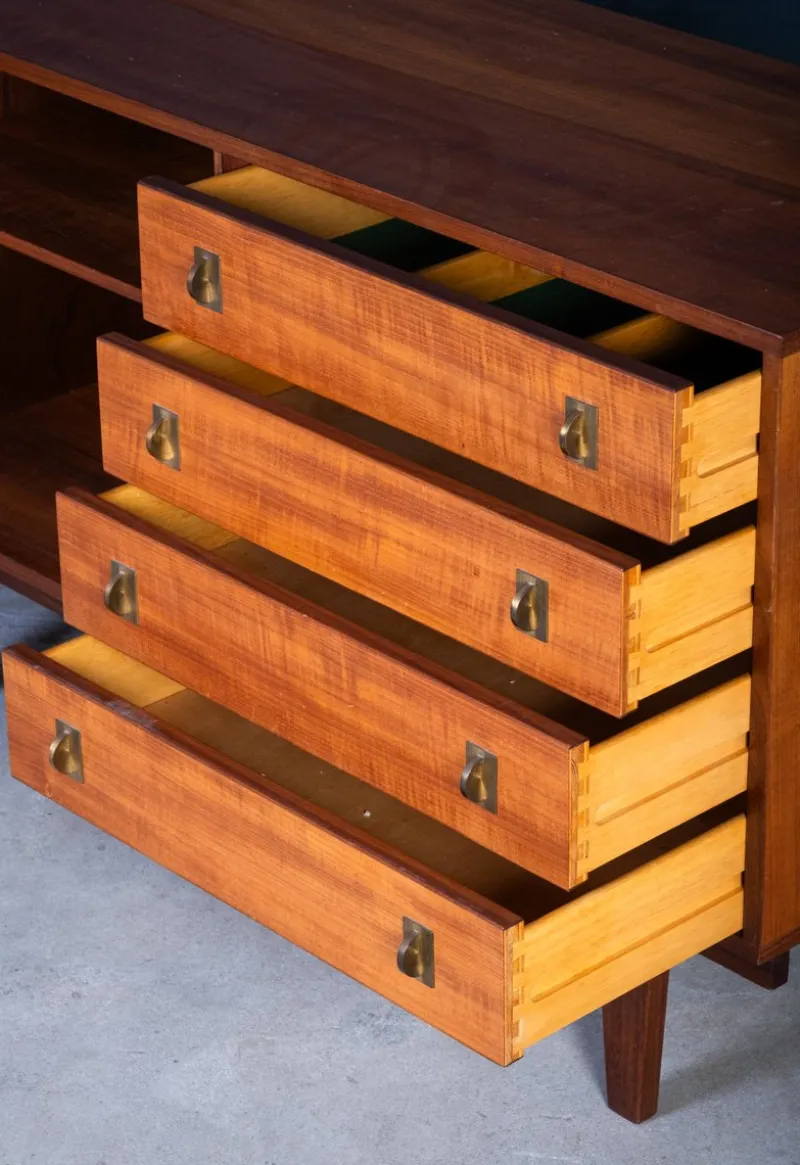 Pamono Low Teak Sideboard with Brass Handles by Peter Løvig Nielsen, 1960s> Sideboards & Buffets