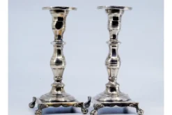 Pamono Low Turned Silver Candlesticks with Hexagonal Shafts, Set of 2> Candleholders