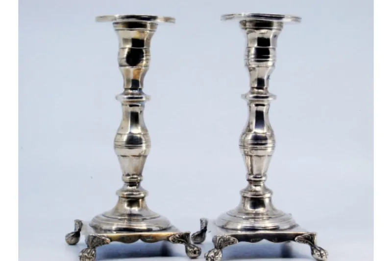 Pamono Low Turned Silver Candlesticks with Hexagonal Shafts, Set of 2> Candleholders
