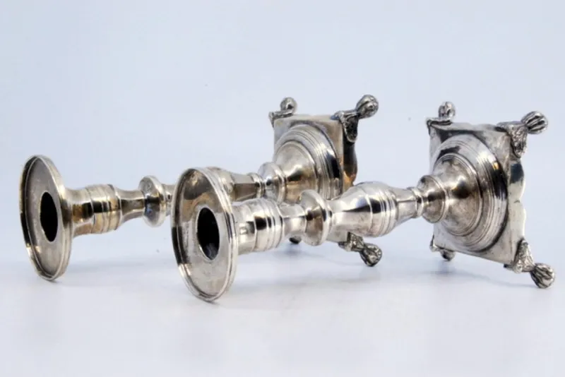 Pamono Low Turned Silver Candlesticks with Hexagonal Shafts, Set of 2> Candleholders