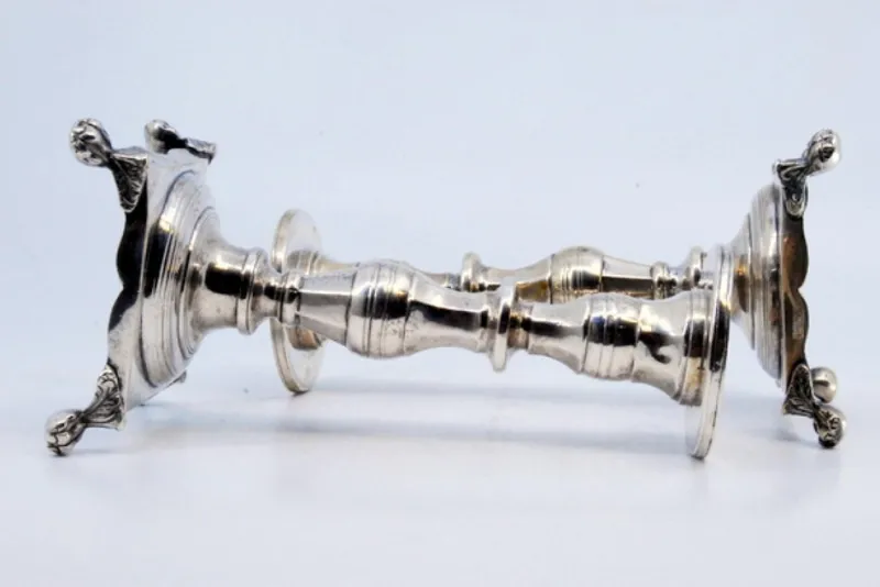 Pamono Low Turned Silver Candlesticks with Hexagonal Shafts, Set of 2> Candleholders