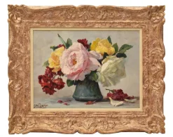 Pamono Lucien Gilbert Darpy, Small Rose Flowers, Oil on Canvas, 20th Century, Framed> Art Deco
