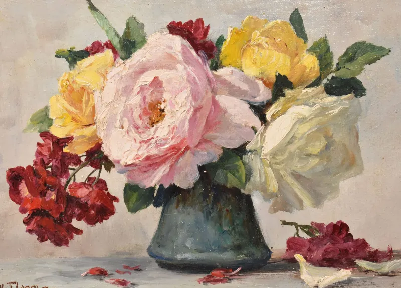 Pamono Lucien Gilbert Darpy, Small Rose Flowers, Oil on Canvas, 20th Century, Framed> Art Deco