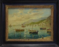 Sale Pamono Luigi Basile, Marina, 1980s, Oil on Tablet, Framed