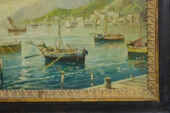 Sale Pamono Luigi Basile, Marina, 1980s, Oil on Tablet, Framed