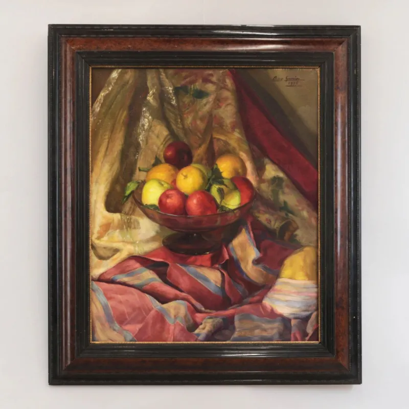 Pamono Luis García Oliver, Still Life with Apples, Oil on Canvas, Framed> Art Deco