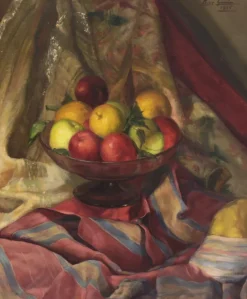Pamono Luis García Oliver, Still Life with Apples, Oil on Canvas, Framed> Art Deco