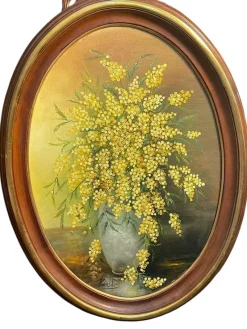 Discount Pamono Luraschi, Vase of Mimosas, 20th Century, Oil Painting on Panel, Framed