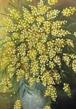 Discount Pamono Luraschi, Vase of Mimosas, 20th Century, Oil Painting on Panel, Framed