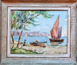 Online Pamono Madelaine Geoffroy, Day at the Beach, Gouache & Watercolour, 1950s