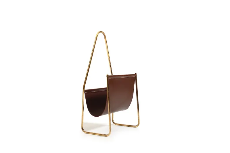 Pamono Magazin Holder in Brass and Leather by Carl Auböck for Werkstätte, Denmark, 1950s