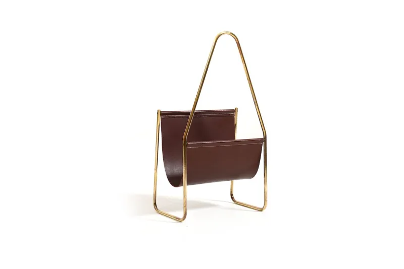 Pamono Magazin Holder in Brass and Leather by Carl Auböck for Werkstätte, Denmark, 1950s