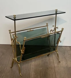 Pamono Magazine Rack in Brass and Bluish Glass> Magazine Racks
