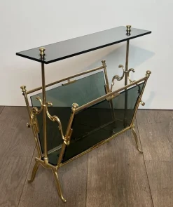 Pamono Magazine Rack in Brass and Bluish Glass><noscript><img width=