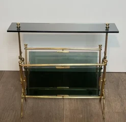 Pamono Magazine Rack in Brass and Bluish Glass><noscript><img width=