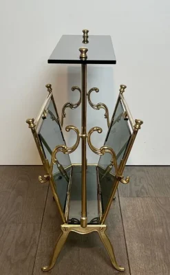 Pamono Magazine Rack in Brass and Bluish Glass><noscript><img width=
