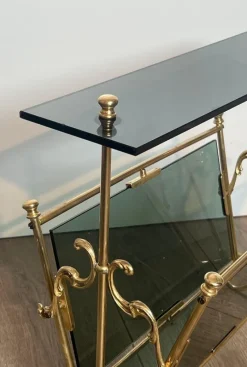 Pamono Magazine Rack in Brass and Bluish Glass><noscript><img width=