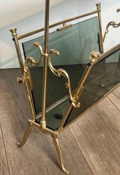Pamono Magazine Rack in Brass and Bluish Glass><noscript><img width=
