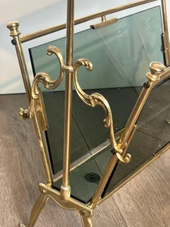 Pamono Magazine Rack in Brass and Bluish Glass><noscript><img width=