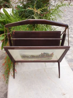 Pamono Magazine Rack in Wood and Brass with Paintings, 1970s