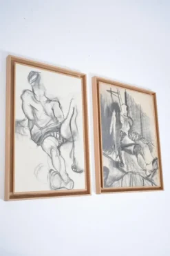Pamono Man Portrait Diptych, 1960s, Charcoal & Chalk Drawing> Work On Paper