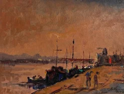 Pamono Manfredi, Boats on the Seine, 20th Century, Oil Painting on Panel> Painting